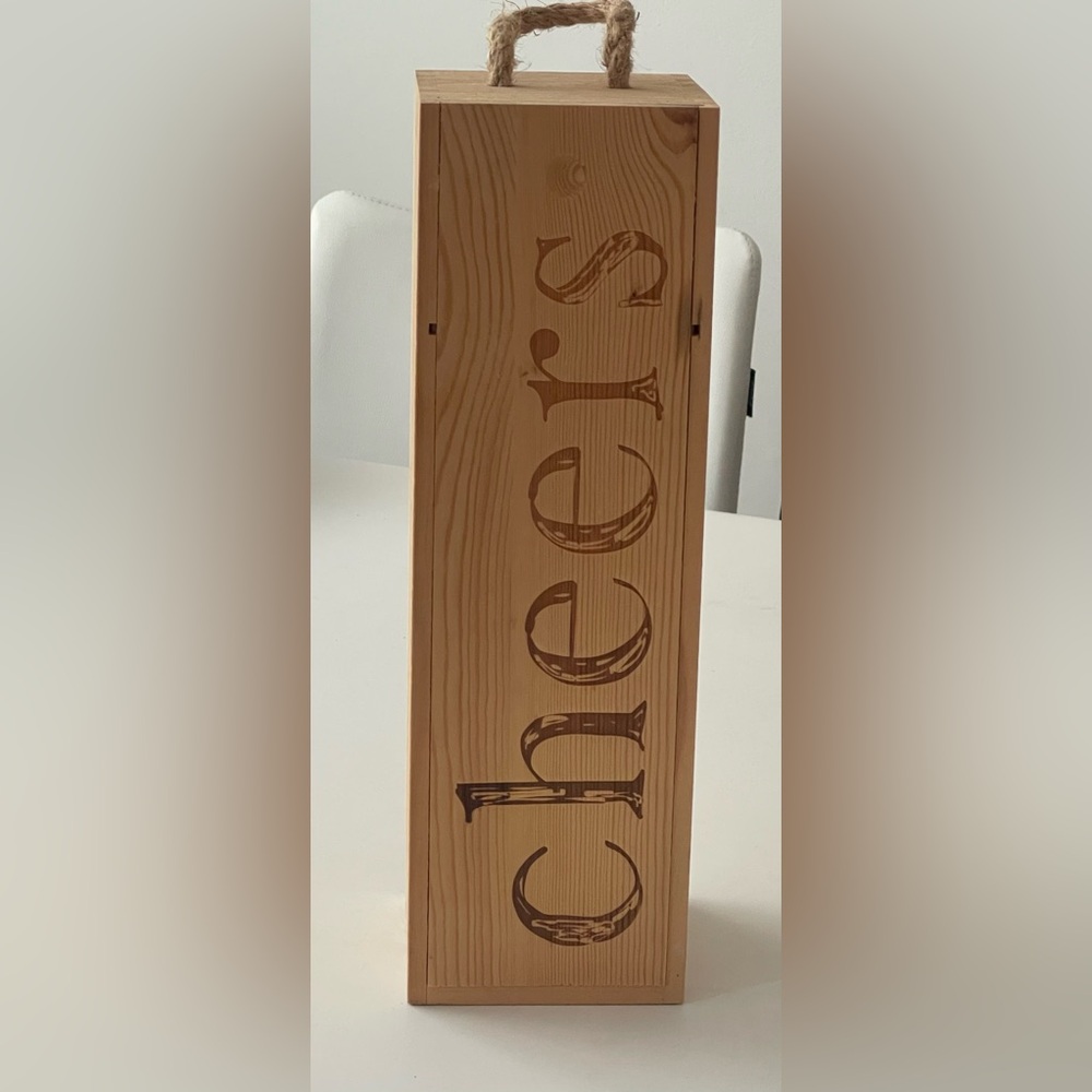 HAPPY HOLIDAYS!!! Wood bottle box, with CHEERS carved on front!